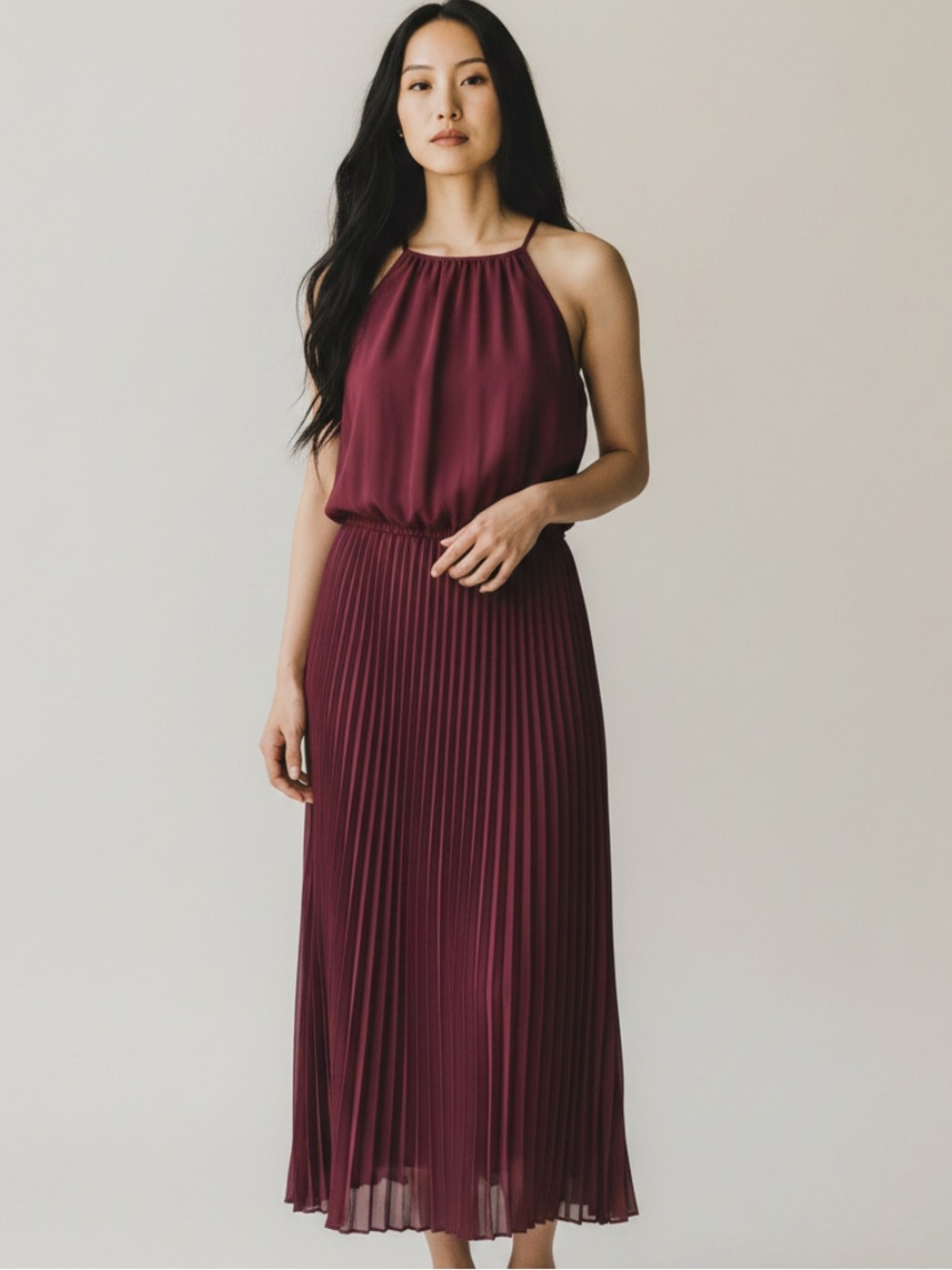 Pleated Halter Midi Dress in Burgundy in size small new with tag